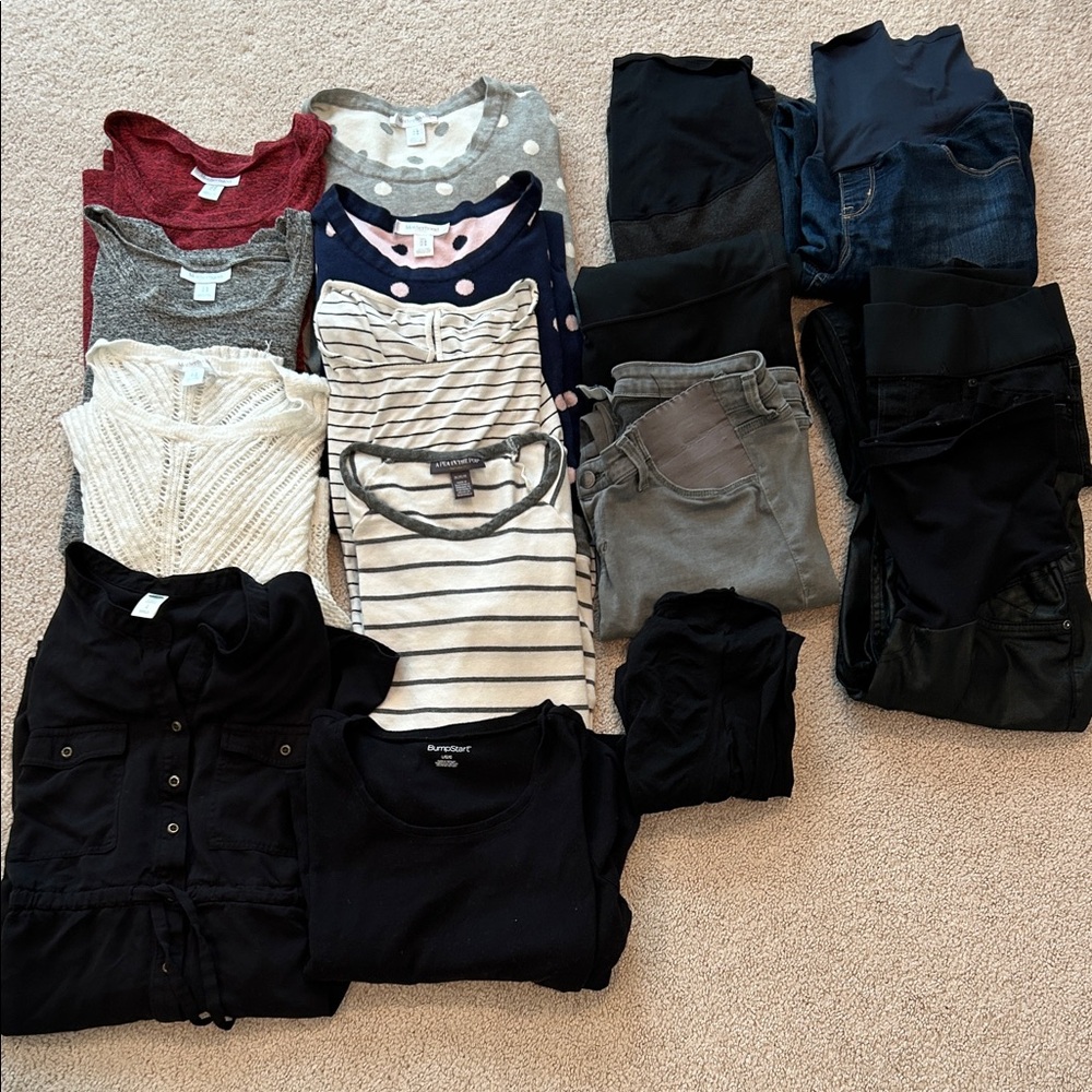 Lot of maternity clothing. Sizes M and L, 8 and 10. Good used condition!